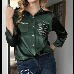 Frank Lyman Design Sequined Tie Hem Roll Tab Sleeve Satin Top 